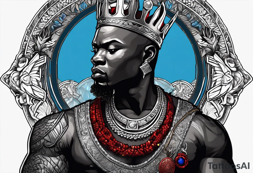 An african god, a bald black-skinned warrior, that uses a sword and a silver crown. He also uses blue and red necklaces tattoo idea