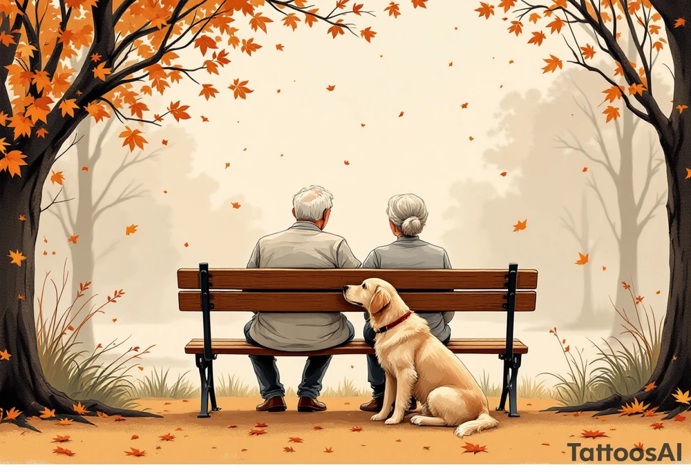 Envision a peaceful park scene with an elderly couple sitting together on a wooden bench, their hands gently resting together. At their feet lies a golden retriever, gazing up at them with a loyal and loving look. Autumn leaves gently fall in the background, evoking warmth, comfort, and timeless companionship. In elegant script, a touching message reads:
“Your life journey is an inspiration – congratulations on your 80th birthday! With love, your Albi team.”
The illustration carries a slightly more realistic, sentimental tone—ideal for a meaningful and emotional birthday tribute. tattoo idea