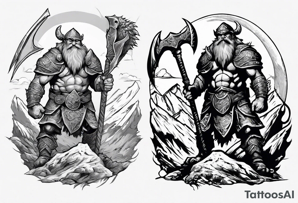 dwarven warrior with a war axe fighting against a dragon in the mountains as the sun is rising tattoo idea