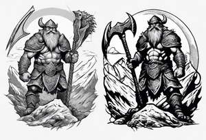 dwarven warrior with a war axe fighting against a dragon in the mountains as the sun is rising tattoo idea