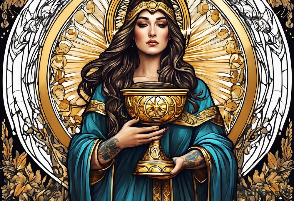 holy saint woman turned away with golden halo holding a chalice tattoo idea