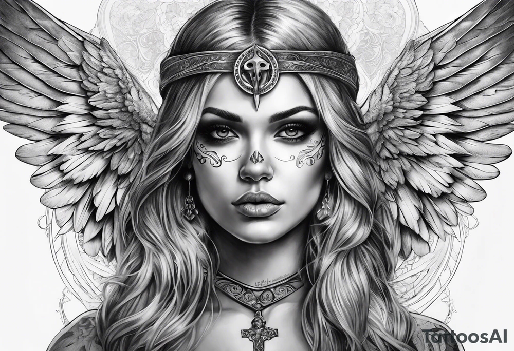 realistic angel with skull face tattoo idea