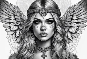 realistic angel with skull face tattoo idea