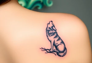 lone wolf howling at full moon with northern lights backdrop tattoo idea