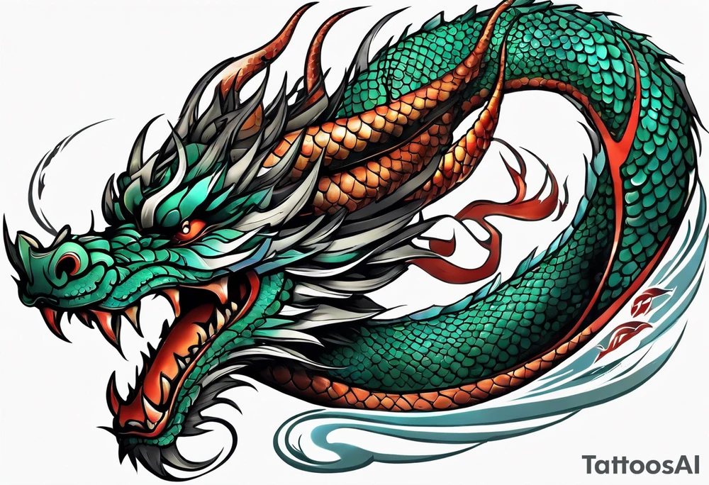 An epic floating asian dragon. Its long body coiling dynamically, with scales and horns detailed to create a sense of movement and strength. The dragon's color is giving a vibrant depth and a mystical aura. This tattoo highlights the dragon’s fierce expression and sharp claws. tattoo idea
