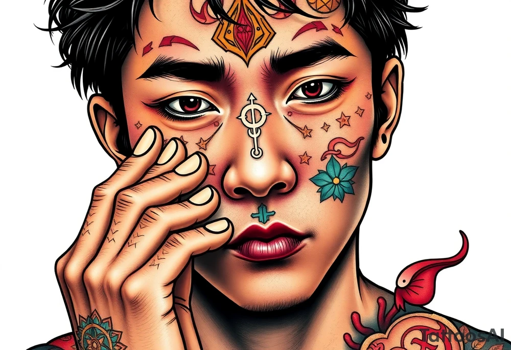 Handsome Asian young guy is putting ritual symbols on his face tattoo idea