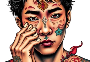 Handsome Asian young guy is putting ritual symbols on his face tattoo idea