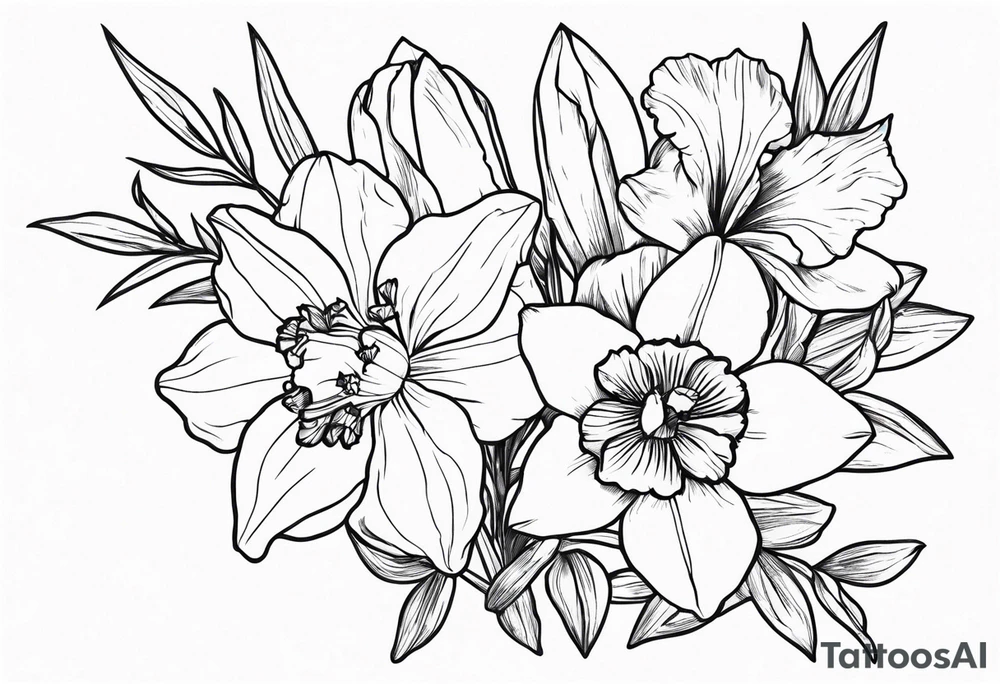 Larkspur flower and narcissus flower bouquet tattoo idea