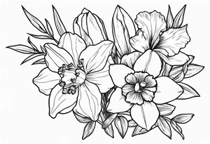 Larkspur flower and narcissus flower bouquet tattoo idea