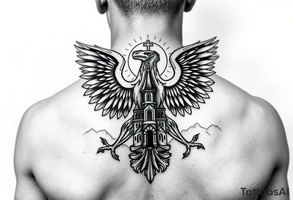 an actual russian coat of arms with the eagles wings spanning out on my back neck across my shoulders / traps with a orthodox christian church being visible in a mountainous sun beaming setting, with the russian orthodox cross spire of the orthodox church being visible on my neck with a sun beaming in the background that the cross sits inside tattoo idea