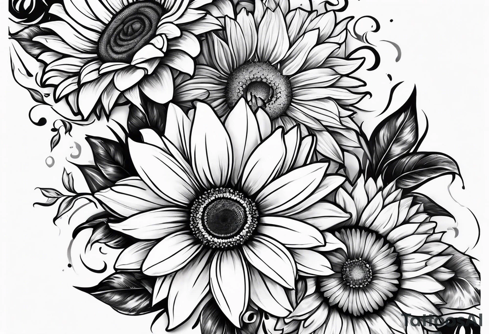 Sun Flower in the middle, Rose and Lily on top and a Gerbera daisy on the bottom tattoo idea