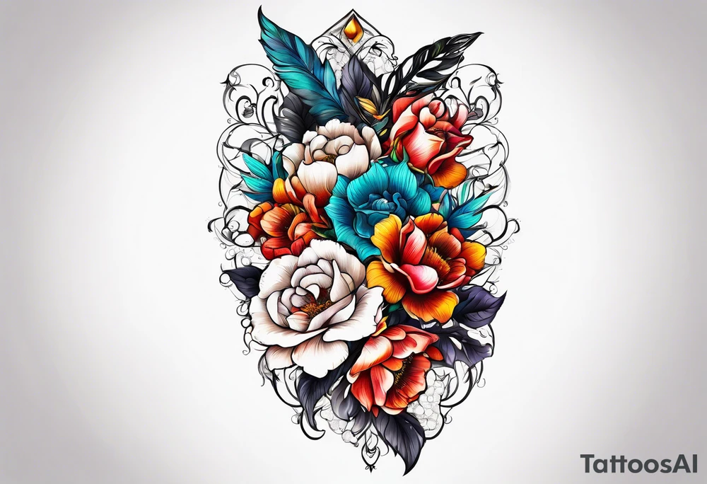 Floral leg piece with beading and lace tattoo idea