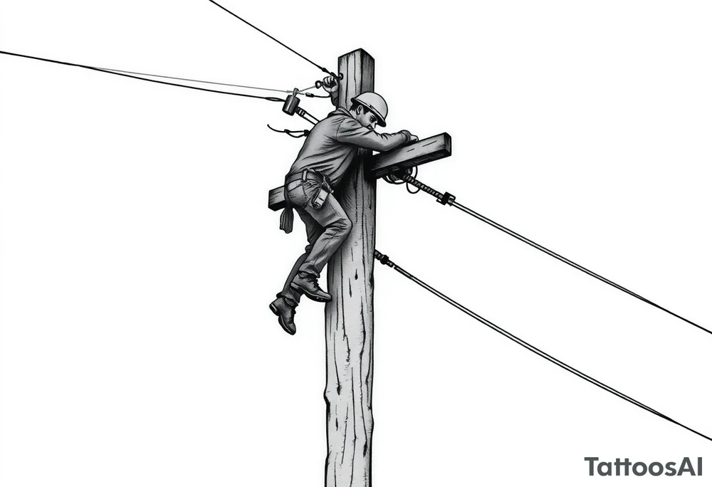 power lineman climbing a wooden 12kv pole. Make the pole a cross that has a hidden resemblance to god. tattoo idea