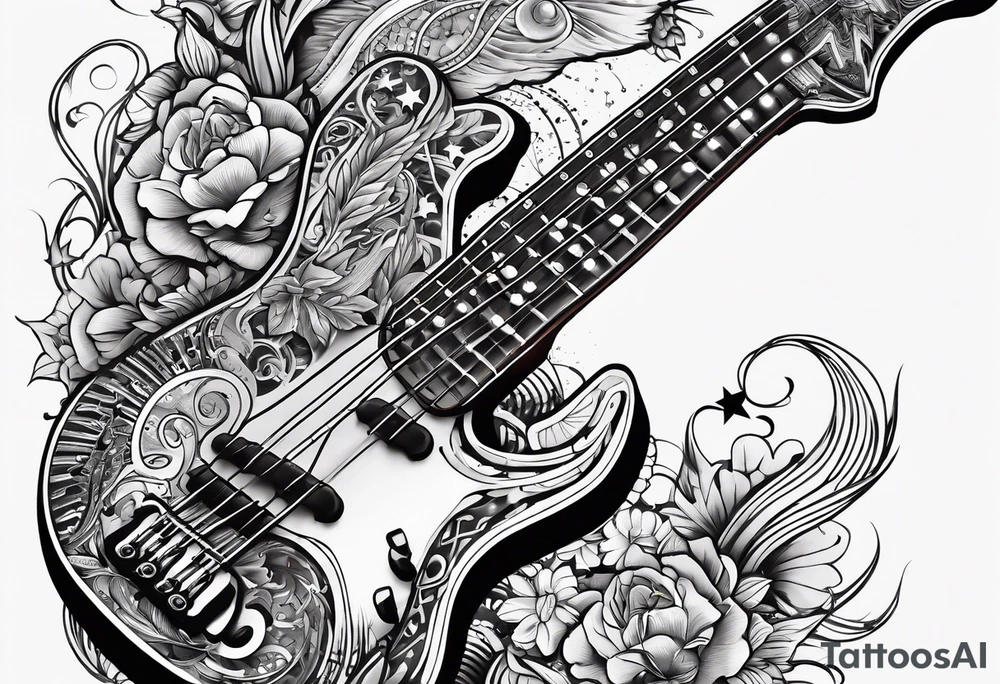 Tattoo full left arm with a collage of a bass guitar, a medicine caduceus, two stars tattoo idea