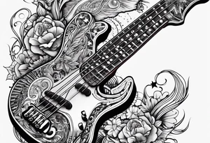 Tattoo full left arm with a collage of a bass guitar, a medicine caduceus, two stars tattoo idea