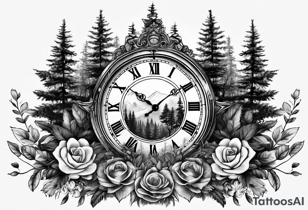 Clock centerpiece surrounded by forest tattoo idea