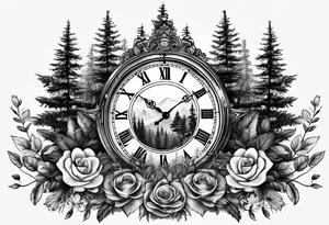 Clock centerpiece surrounded by forest tattoo idea
