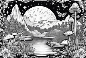 A siren under the stars in a bayou with cypress trees, mushrooms, frogs and bugs. tattoo idea