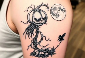 powerful realistic pumpkin head sentinel with vine and stick body, long fingers, surrounded by fog, faded moon in the upper right background with ravens and skulls at the base tattoo idea