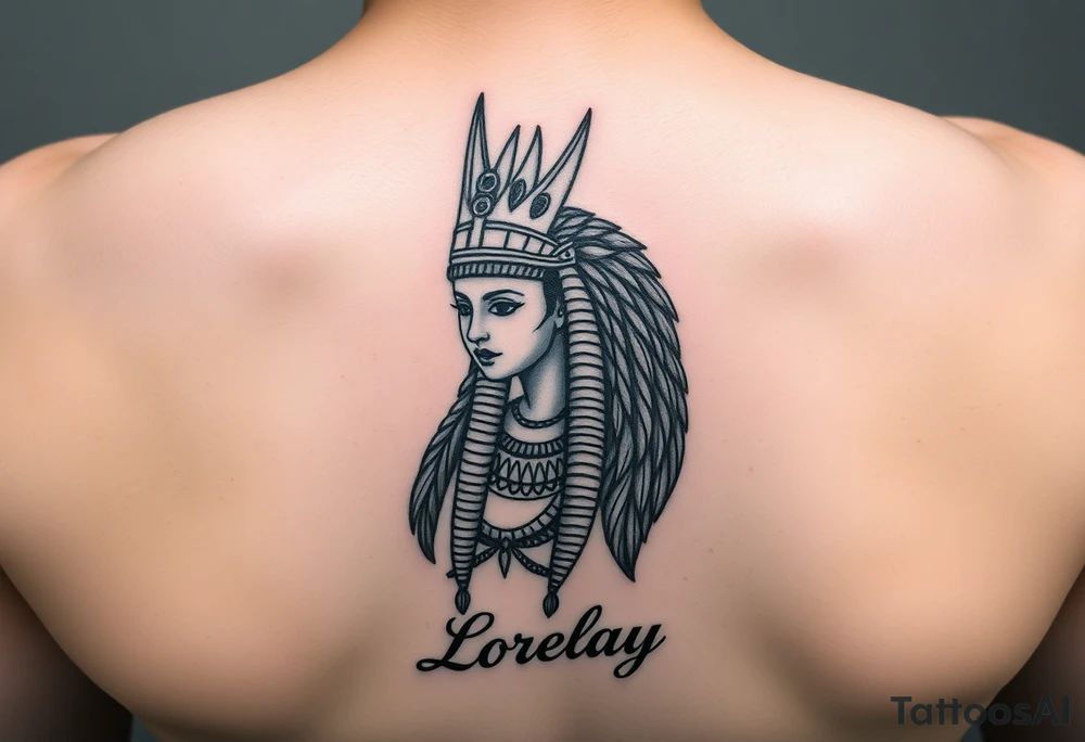 Créame un diseño en miniatura para el bíceps de un personaje principal chica 
de la cultura de egipcia con el nombre de lorelay escrito por debajo del diseño tattoo idea