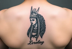 Créame un diseño en miniatura para el bíceps de un personaje principal chica 
de la cultura de egipcia con el nombre de lorelay escrito por debajo del diseño tattoo idea