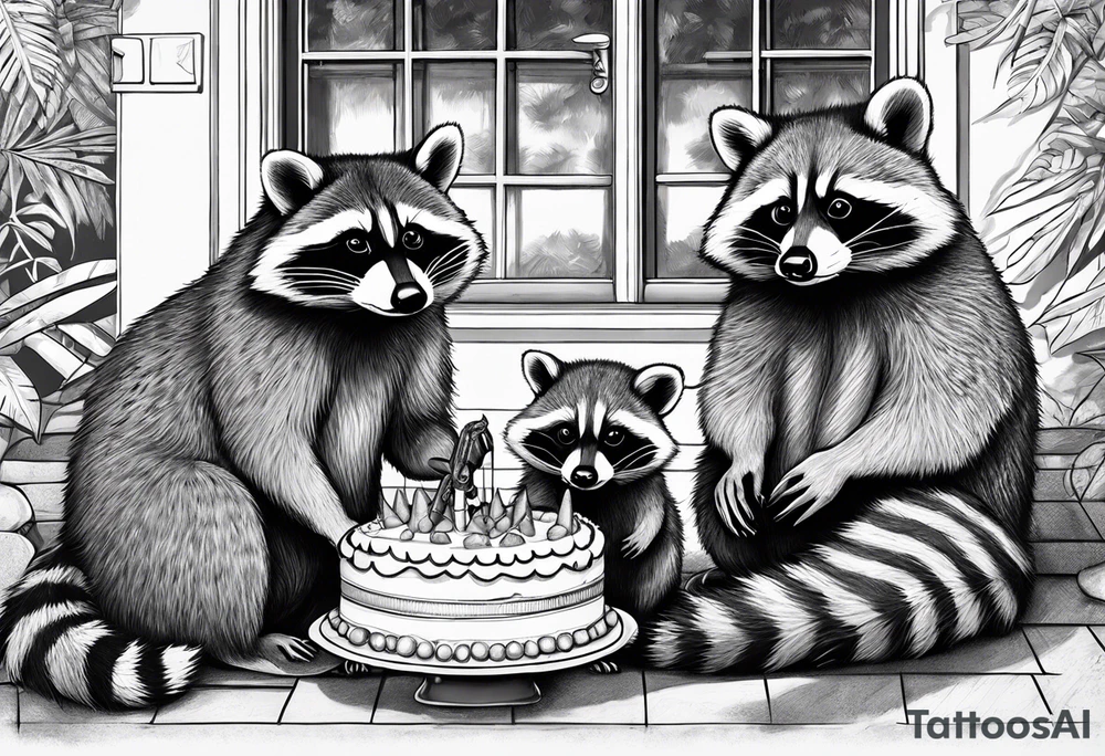 Raccoon Family in Front of her New villa with Pool.
The Husband hast Tools in His Hands.
The wife holds a cake.
The Childs plays with a ball tattoo idea