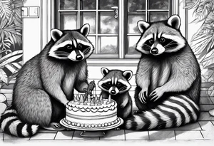 Raccoon Family in Front of her New villa with Pool.
The Husband hast Tools in His Hands.
The wife holds a cake.
The Childs plays with a ball tattoo idea