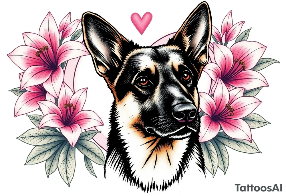 short haired german shepherd with alert ears surrounded by pink lilies with large leaves in front of a sacred heart tattoo idea