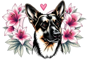 short haired german shepherd with alert ears surrounded by pink lilies with large leaves in front of a sacred heart tattoo idea