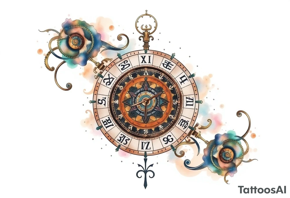 zodiac symbols and Norse runes within ornate clockwork mechanism tattoo idea