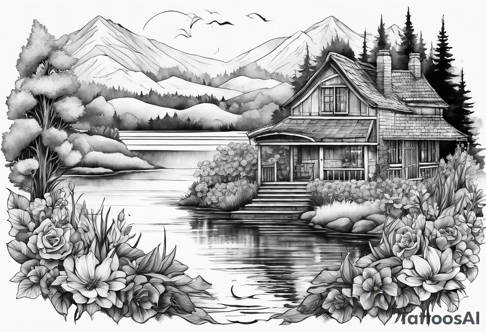 hidden garden, flowers, lake, secret place tattoo idea