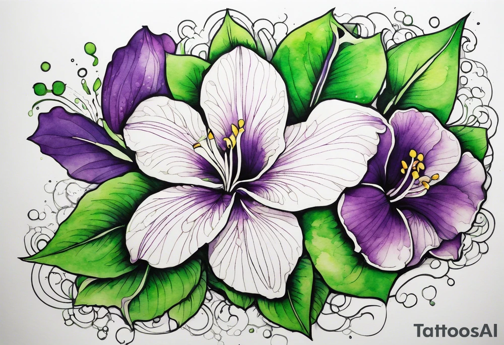 An outline of a rio dipladenia flower with green/purple pedals and a green/purple watercolor splash in the background tattoo idea