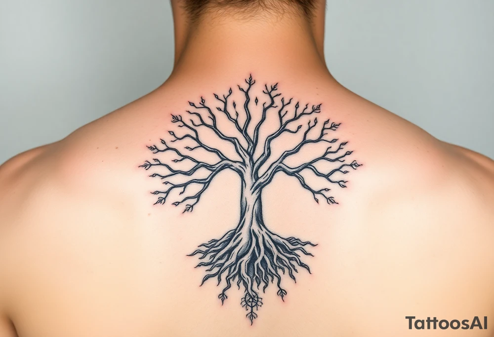 mystical tree of life with cosmic roots and celestial branches tattoo idea