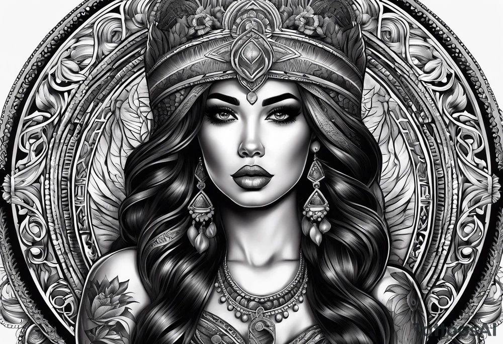 Chicano stijlVrouw met slangen in haar haar en een vrouwe justitie weegschaal in haar hand tattoo idea