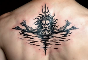 poseidon with trident half way in calm water tattoo idea