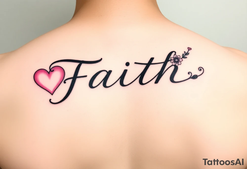 One Script horizontal  word faith  letter I having a pink heart and the t being a cross with an April flower at  that end and a scrolled stem w 2 leaves tattoo idea