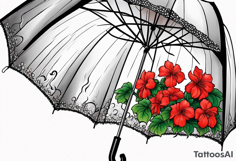 Upside down Umbrella with red geraniums with rain tattoo idea