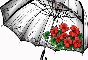 Upside down Umbrella with red geraniums with rain tattoo idea