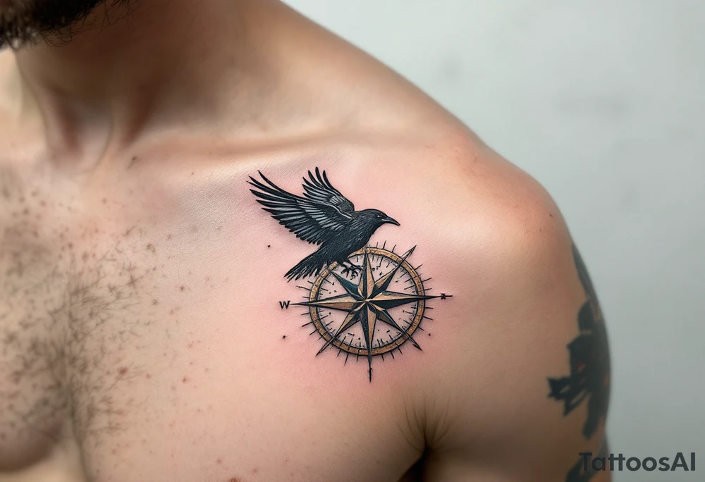 Crow and Compass – A crow flying across a broken compass, symbolizing lost direction. Black ink with distressed bronze and aged teal accents. tattoo idea