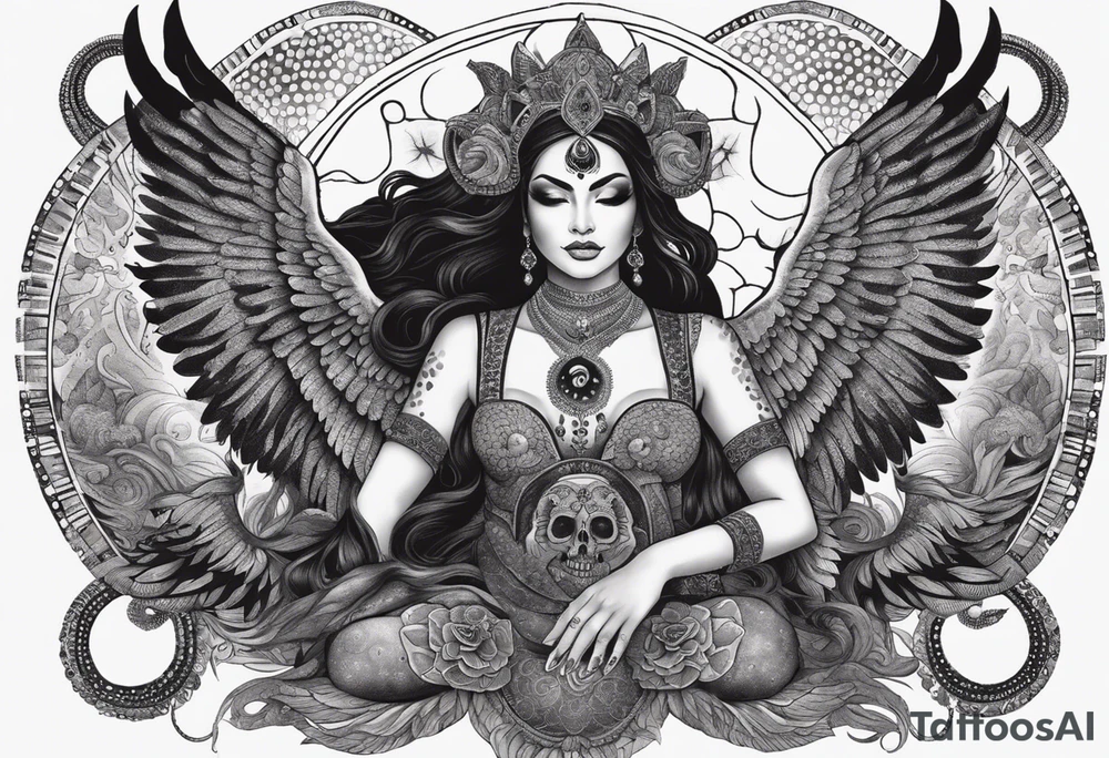 black kali, goddess pirate, alien, angel, pachamama, valkrye, warrior, flying, skull, lotus azul, wing, eagle, zenza resonance, stars, 5D, anahata chakra, death, durga, riding on a tiger, flying lady, kundalini, chest tatoo, samuri, rebel, serpent tattoo idea
