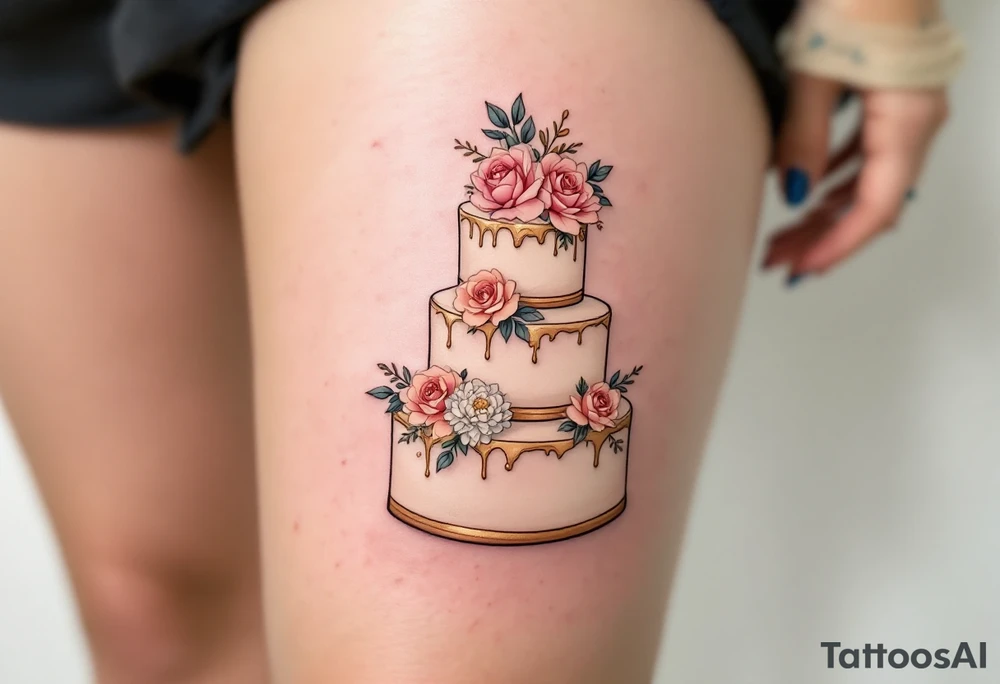 A vintage-style wedding cake tattoo with three tiers, adorned with floral accents (roses, hydrangeas), and topped with a small, delicate bow. Ivory cake with soft pink and peach flowers, gold accents, and a light cream ribbon. tattoo idea