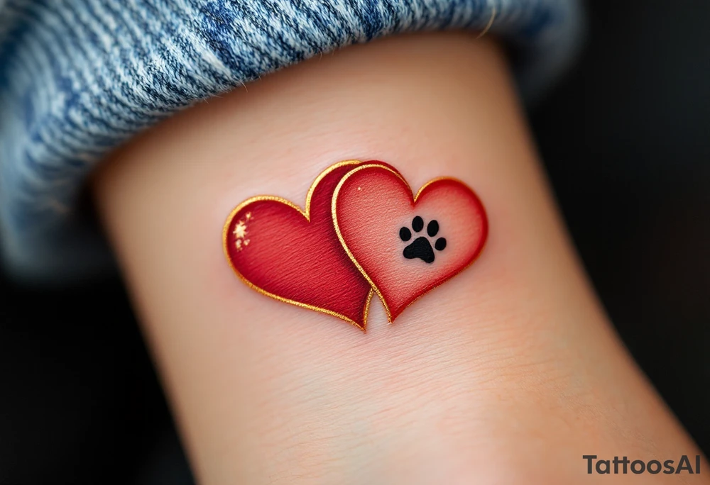 Two intertwined hearts, one in bold red and the other in soft gold. In the center, a small black paw print sits, symbolizing the love and connection shared with pets. The hearts are detailed with fine gold linework for a soft, elegant look. Red (for heart), Gold (for second heart and accents), Black (for paw print). tattoo idea