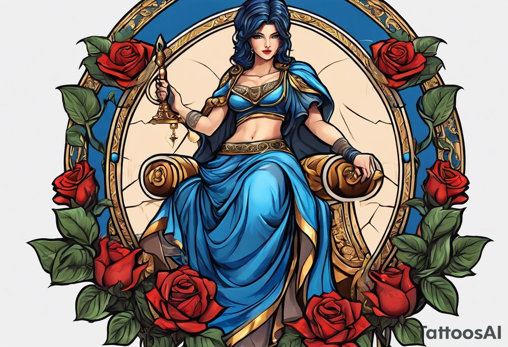 ancient rome clothes women, with scale in one hand blue rose frames, justicia tattoo idea