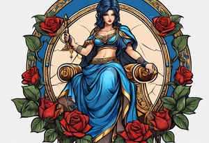 ancient rome clothes women, with scale in one hand blue rose frames, justicia tattoo idea