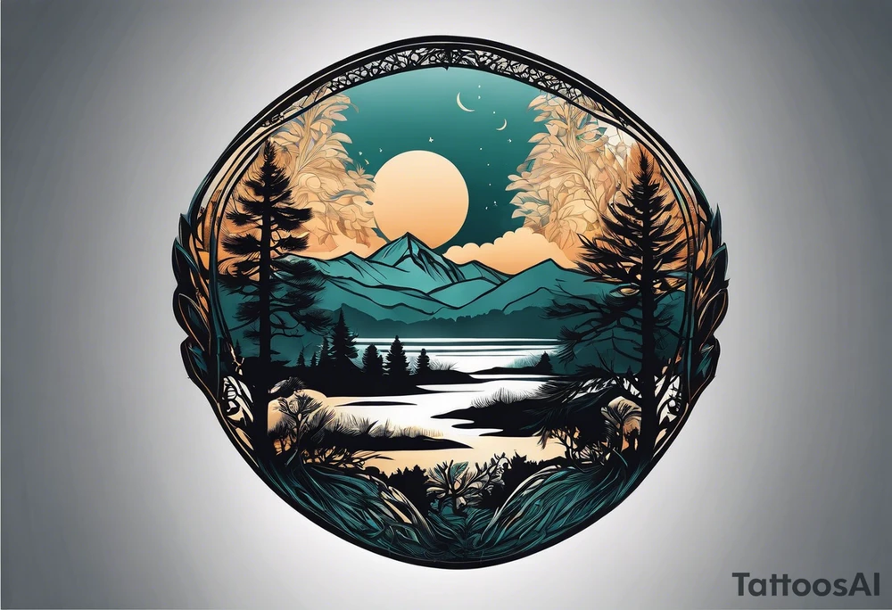 The tattoo will be a stylized horizontal panorama of nature. At the base, a thin and elegant line will symbolize the horizon. Above it, various silhouetted trees with delicate details, representing different species, including oaks and pines, will be distributed along the horizon. I would like the trees to be interspersed with open spaces, creating a play of light and shadow. On the horizontal line, just after the sequence of trees that start from left to right, I would like to include a cabin with a small mountain behind it. Below the cabin and trees, a tranquil lake reflects the entire scene above symmetrically, with gentle ripples on the water's surface. Above the trees, I want to inscribe the Latin phrase 'Natura non facit saltus', following the natural contour of the treetops in a classic and elegant font, inviting reflection. tattoo idea
