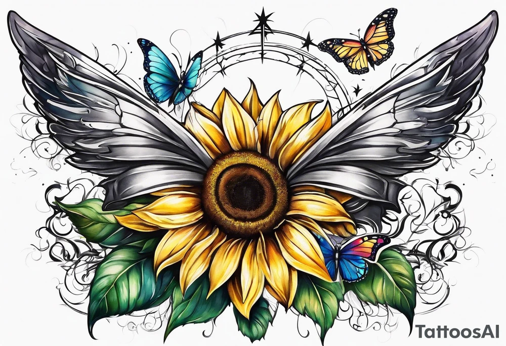 Winged cross with sunflower and butterflies tattoo idea