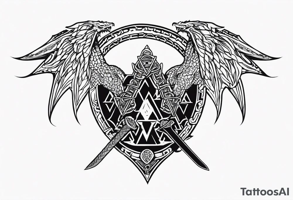 Valhalla sword shield dragon axe Valknut barbed wire chains tattoo idea Valhalla sword shield dragon axe Valknut barbed wire chains tattoo idea