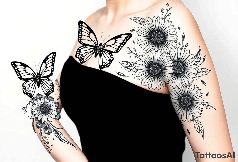 Butterflies and tulips and sunflowers tattoo idea