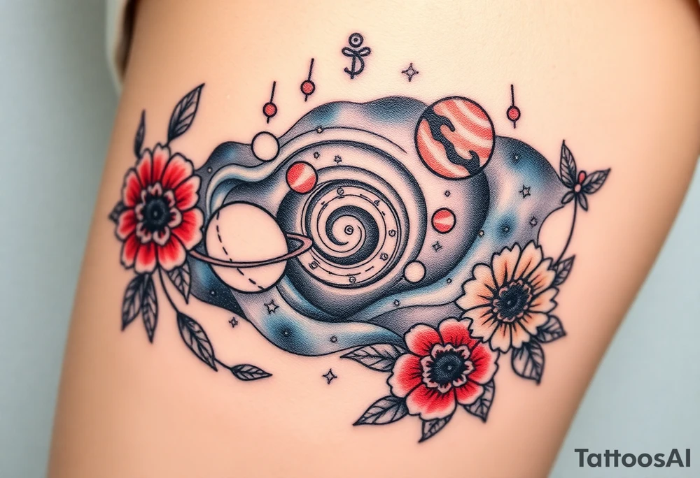 Milky way galaxy with planets with zodiac symbols and protection runes with red roses and sunflowers tattoo idea