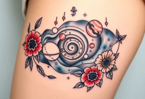 Milky way galaxy with planets with zodiac symbols and protection runes with red roses and sunflowers tattoo idea